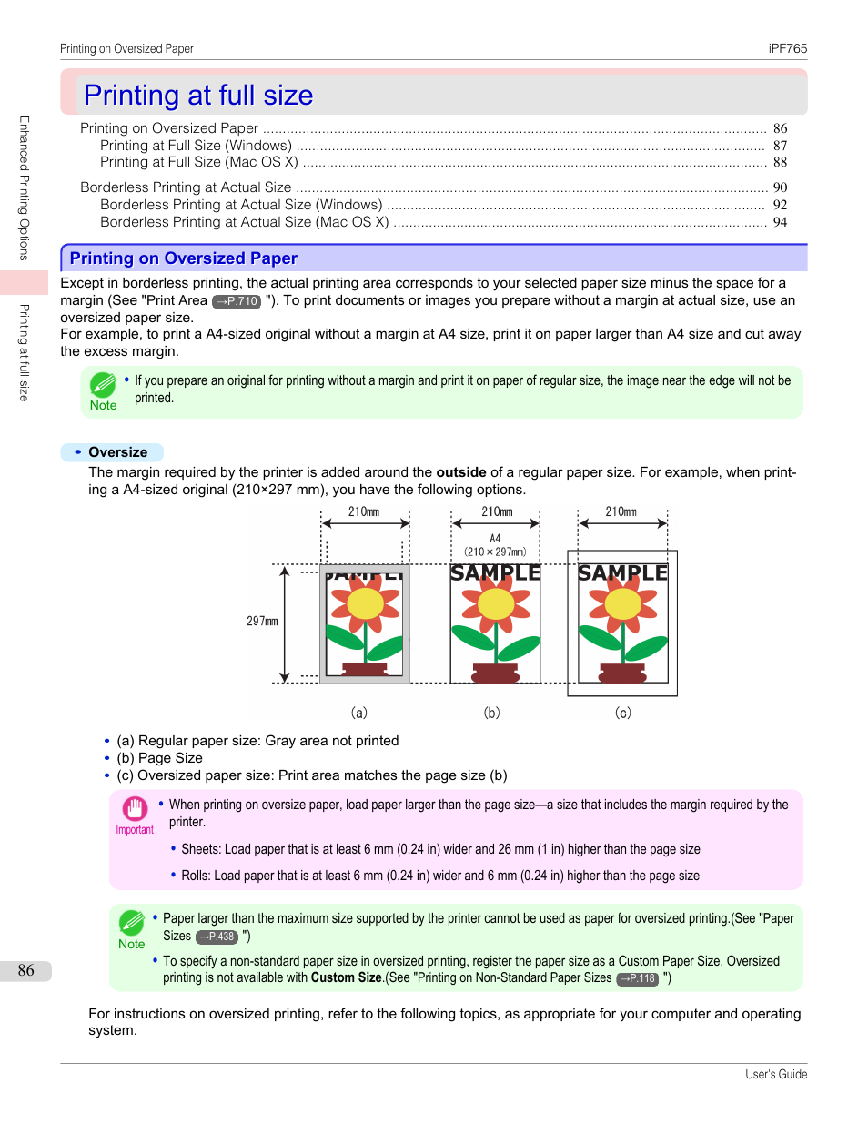 Printing at full size, Printing on oversized paper | Canon imagePROGRAF iPF765 MFP M40 User Manual | Page 86 / 740