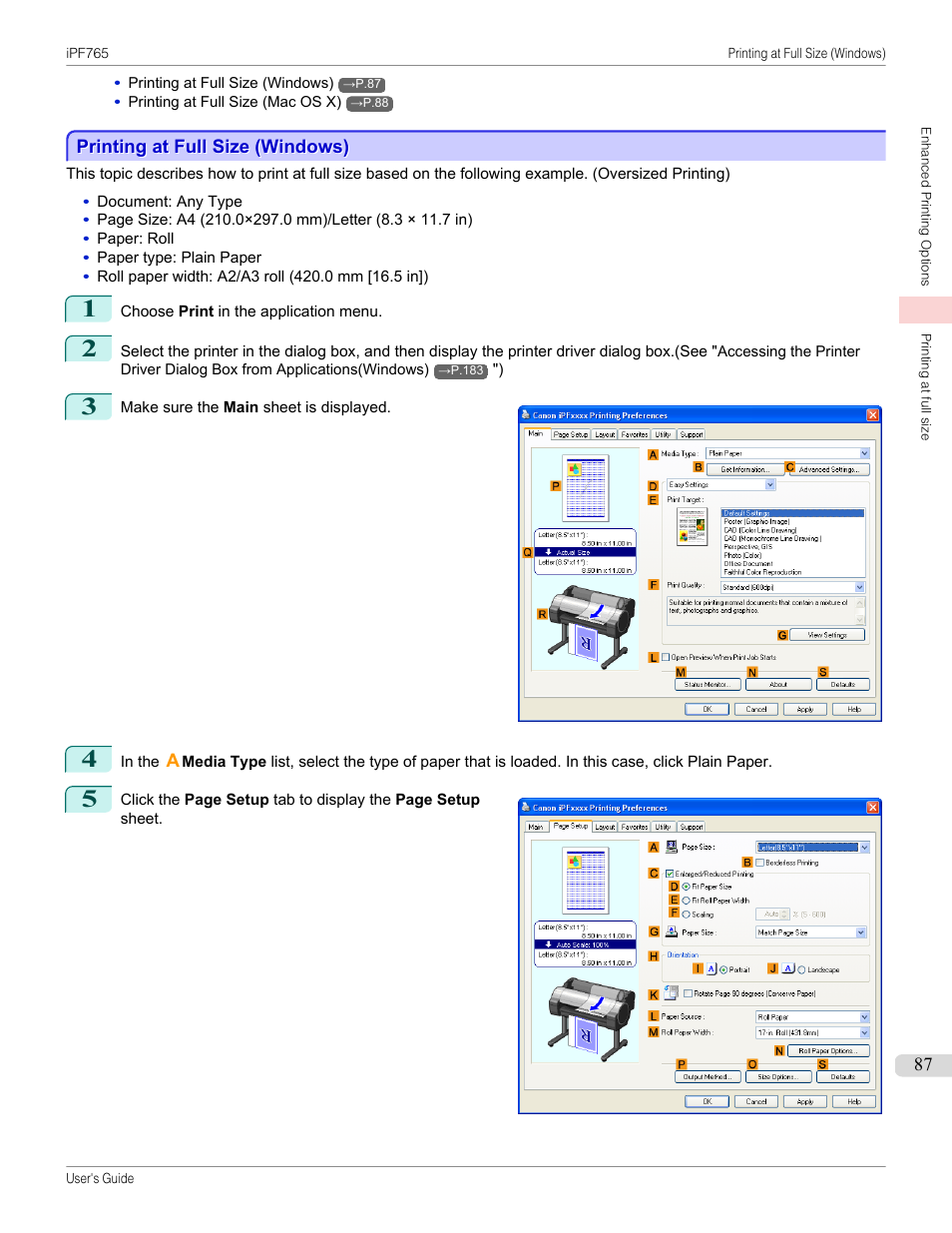 Printing at full size (windows) | Canon imagePROGRAF iPF765 MFP M40 User Manual | Page 87 / 740