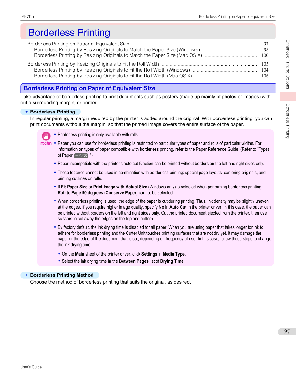 Borderless printing, Borderless printing on paper of equivalent size, P.97 | Canon imagePROGRAF iPF765 MFP M40 User Manual | Page 97 / 740