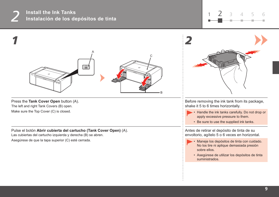 Install the ink tanks, Instalación de los depósitos de tinta | Canon PIXMA PRO-1 User Manual | Page 11 / 34