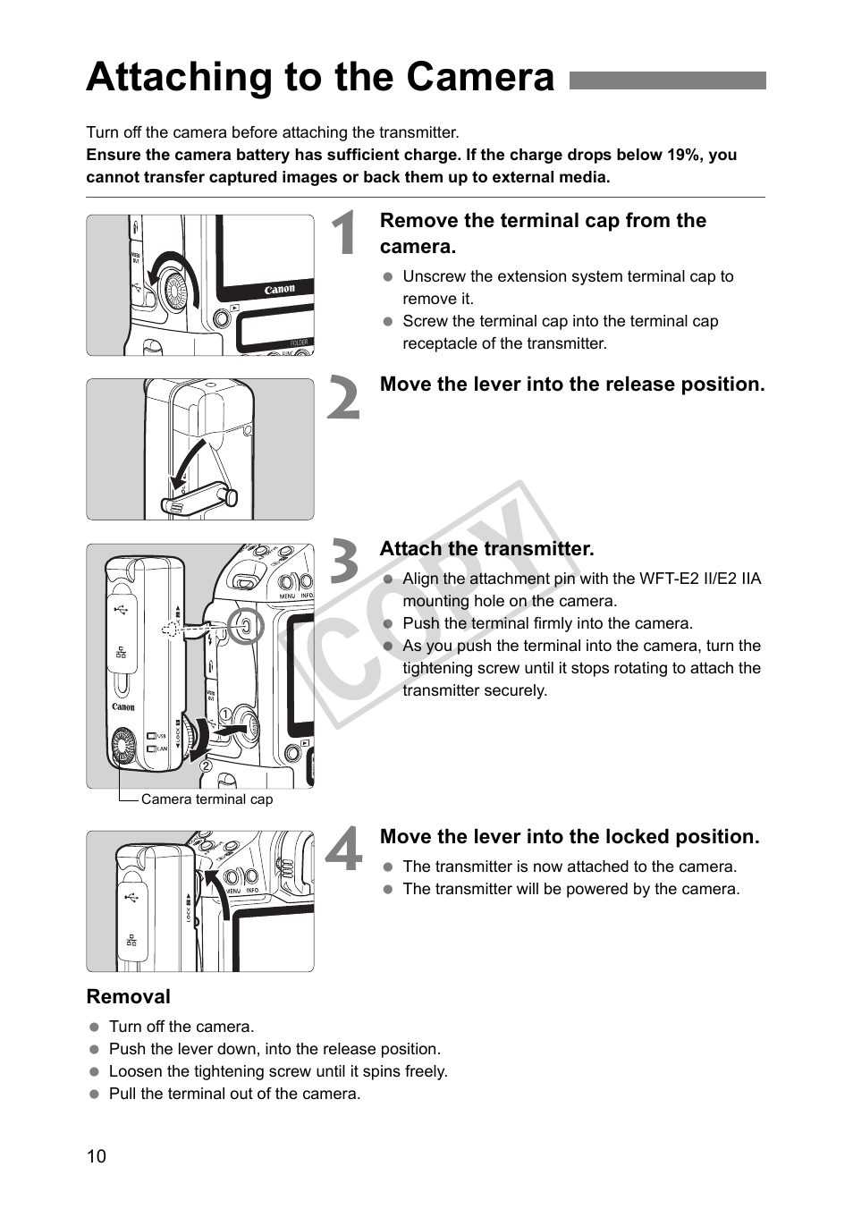 Attaching to the camera, Cop y | Canon Wireless File Transmitter WFT-E2 II A User Manual | Page 10 / 100