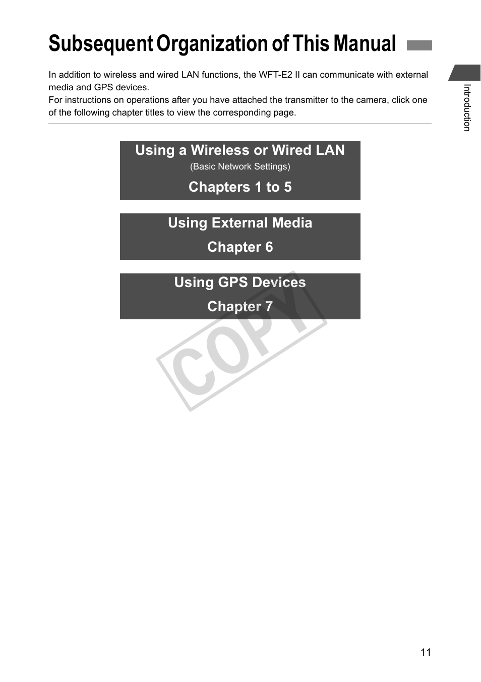 Subsequent organization of this manual, Cop y | Canon Wireless File Transmitter WFT-E2 II A User Manual | Page 11 / 100