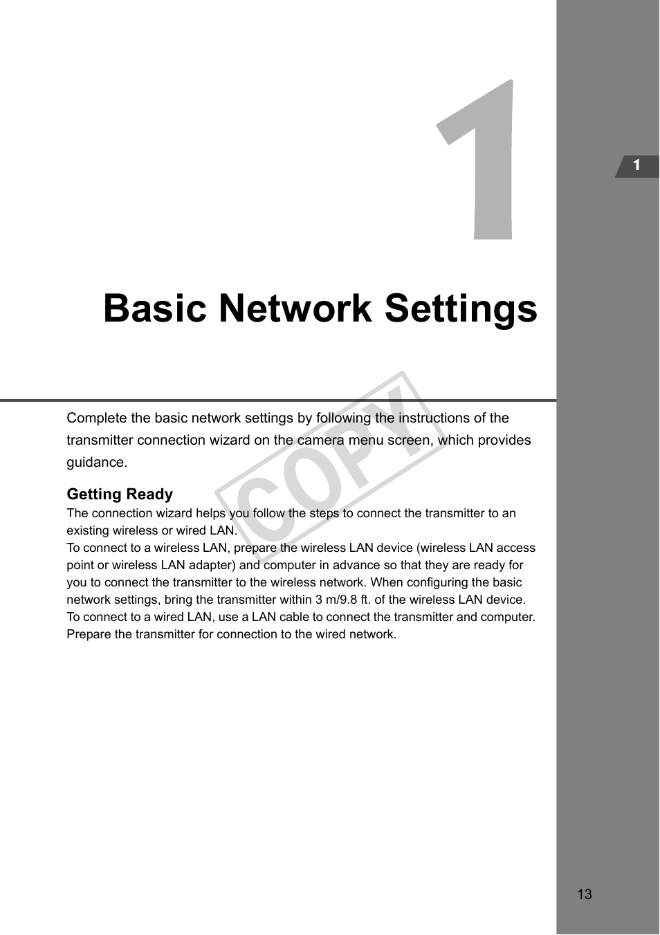 Basic network settings, Using a wireless or wired lan, Basic network settings) | Chapters 1 to 5, Cop y | Canon Wireless File Transmitter WFT-E2 II A User Manual | Page 13 / 100