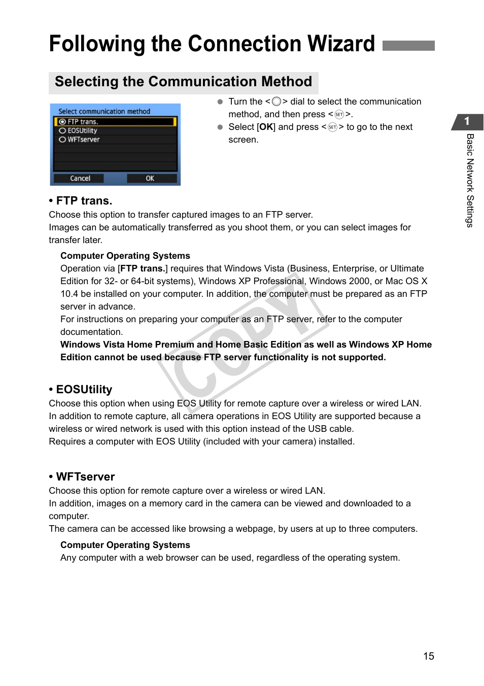 Following the connection wizard, Selecting the communication method, Cop y | Canon Wireless File Transmitter WFT-E2 II A User Manual | Page 15 / 100