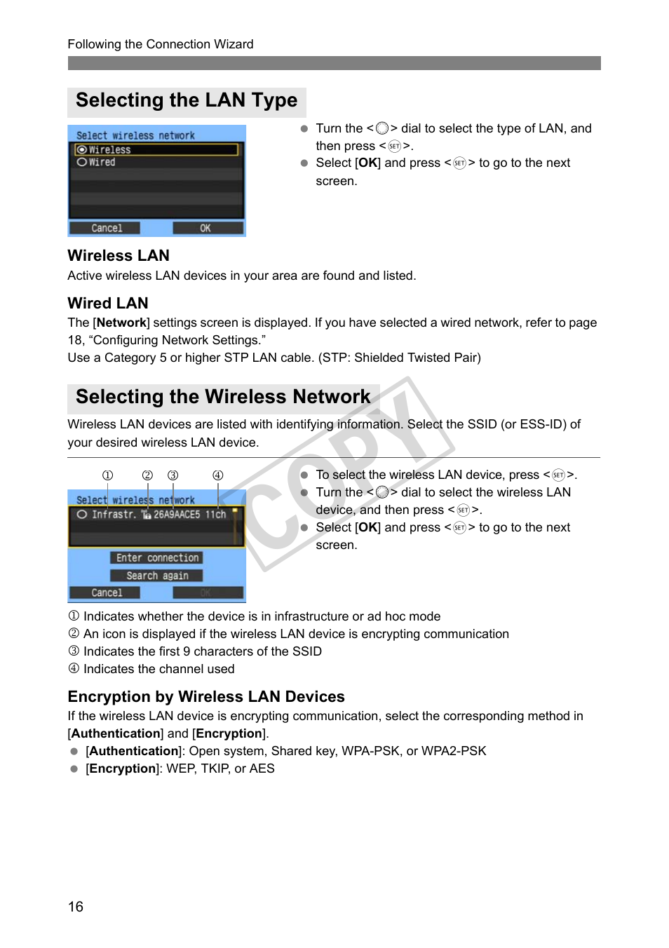 Selecting the lan type, Selecting the wireless network, Cop y | Canon Wireless File Transmitter WFT-E2 II A User Manual | Page 16 / 100