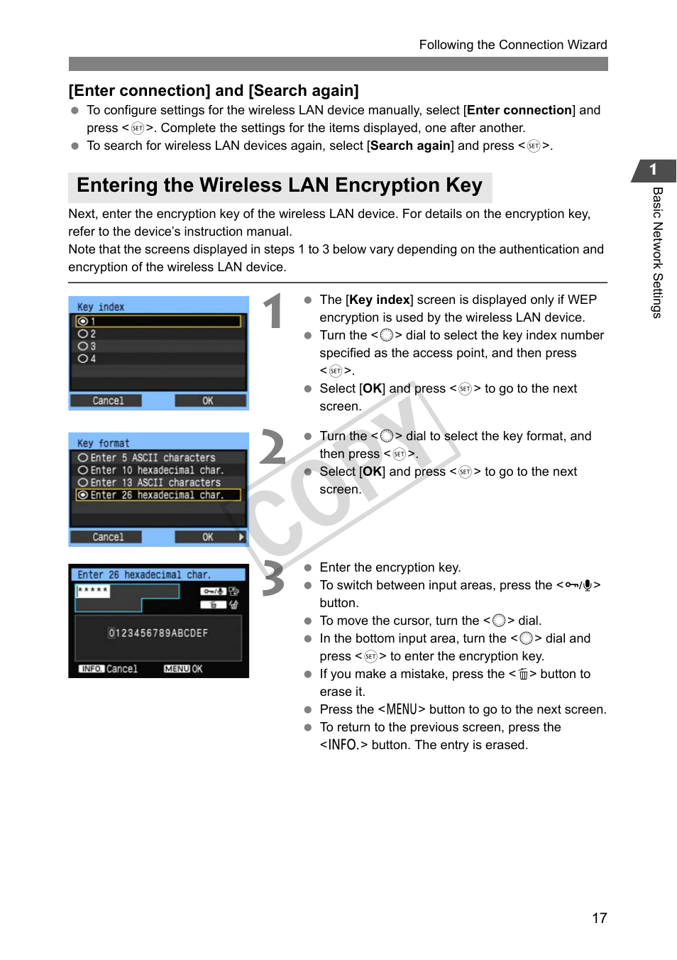 Entering the wireless lan encryption key, Cop y | Canon Wireless File Transmitter WFT-E2 II A User Manual | Page 17 / 100