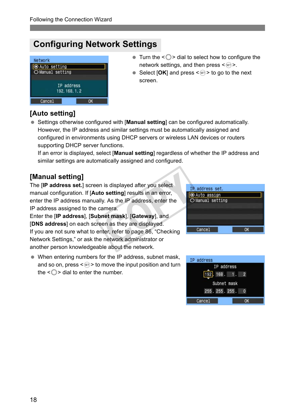 Configuring network settings, Cop y | Canon Wireless File Transmitter WFT-E2 II A User Manual | Page 18 / 100