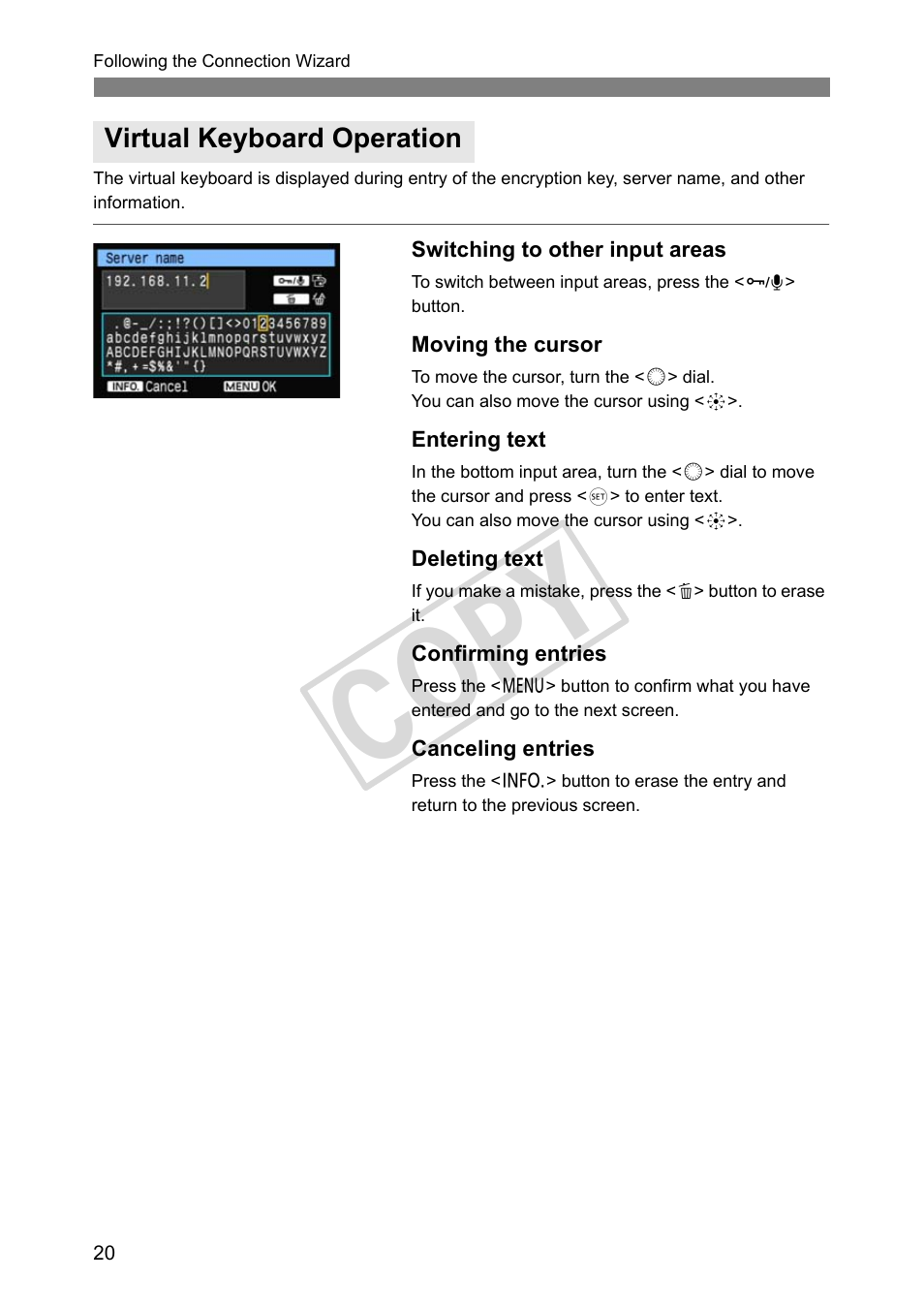 Virtual keyboard operation, Cop y | Canon Wireless File Transmitter WFT-E2 II A User Manual | Page 20 / 100