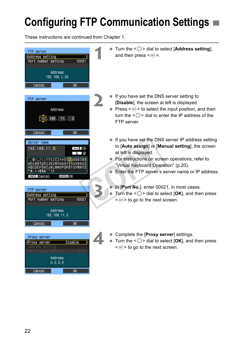 Configuring ftp communication settings, Cop y | Canon Wireless File Transmitter WFT-E2 II A User Manual | Page 22 / 100