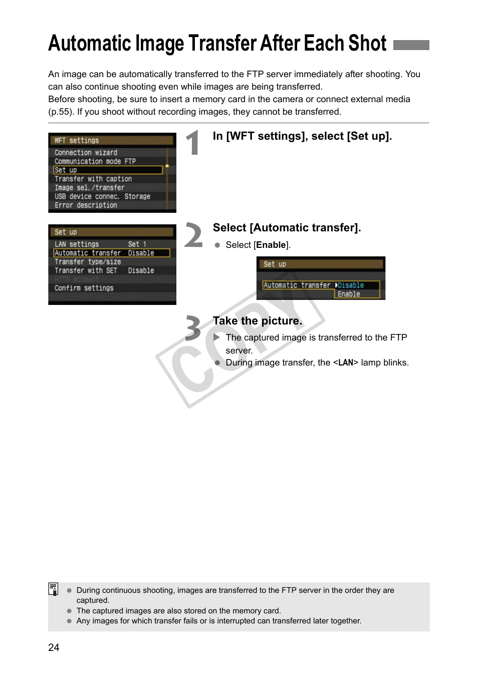 Automatic image transfer after each shot, Cop y | Canon Wireless File Transmitter WFT-E2 II A User Manual | Page 24 / 100