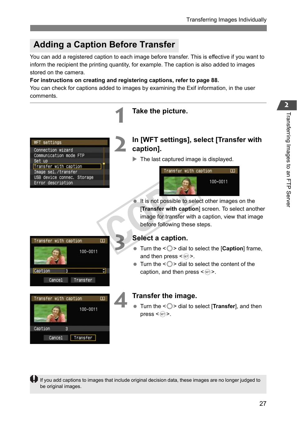 Adding a caption before transfer, Cop y | Canon Wireless File Transmitter WFT-E2 II A User Manual | Page 27 / 100
