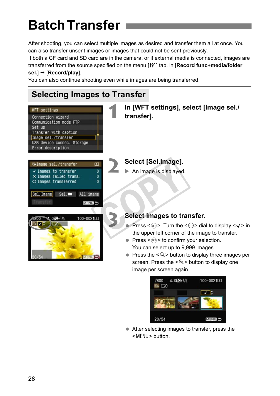 Batch transfer, Selecting images to transfer, Cop y | Canon Wireless File Transmitter WFT-E2 II A User Manual | Page 28 / 100