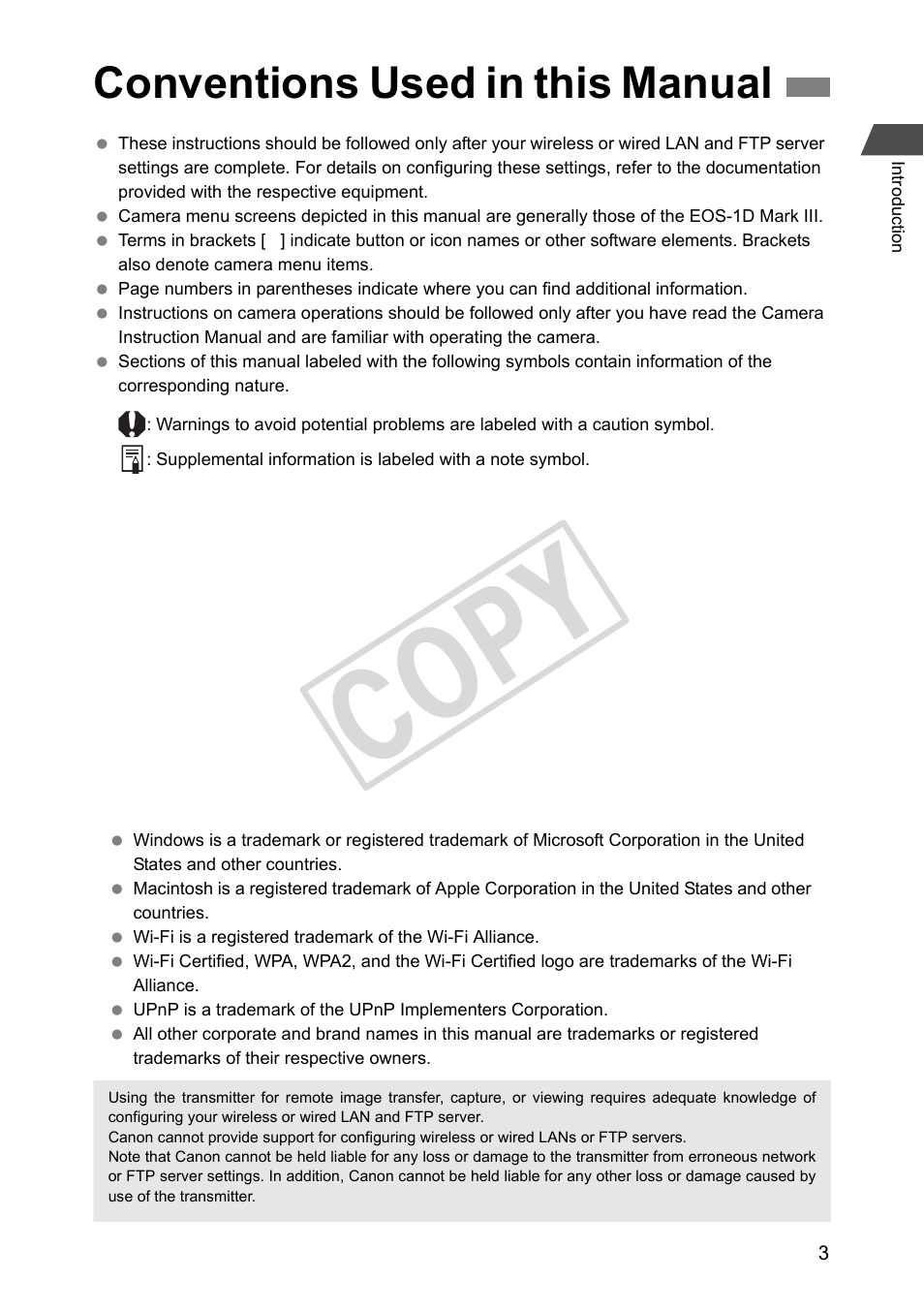 Conventions used in this manual, Cop y | Canon Wireless File Transmitter WFT-E2 II A User Manual | Page 3 / 100