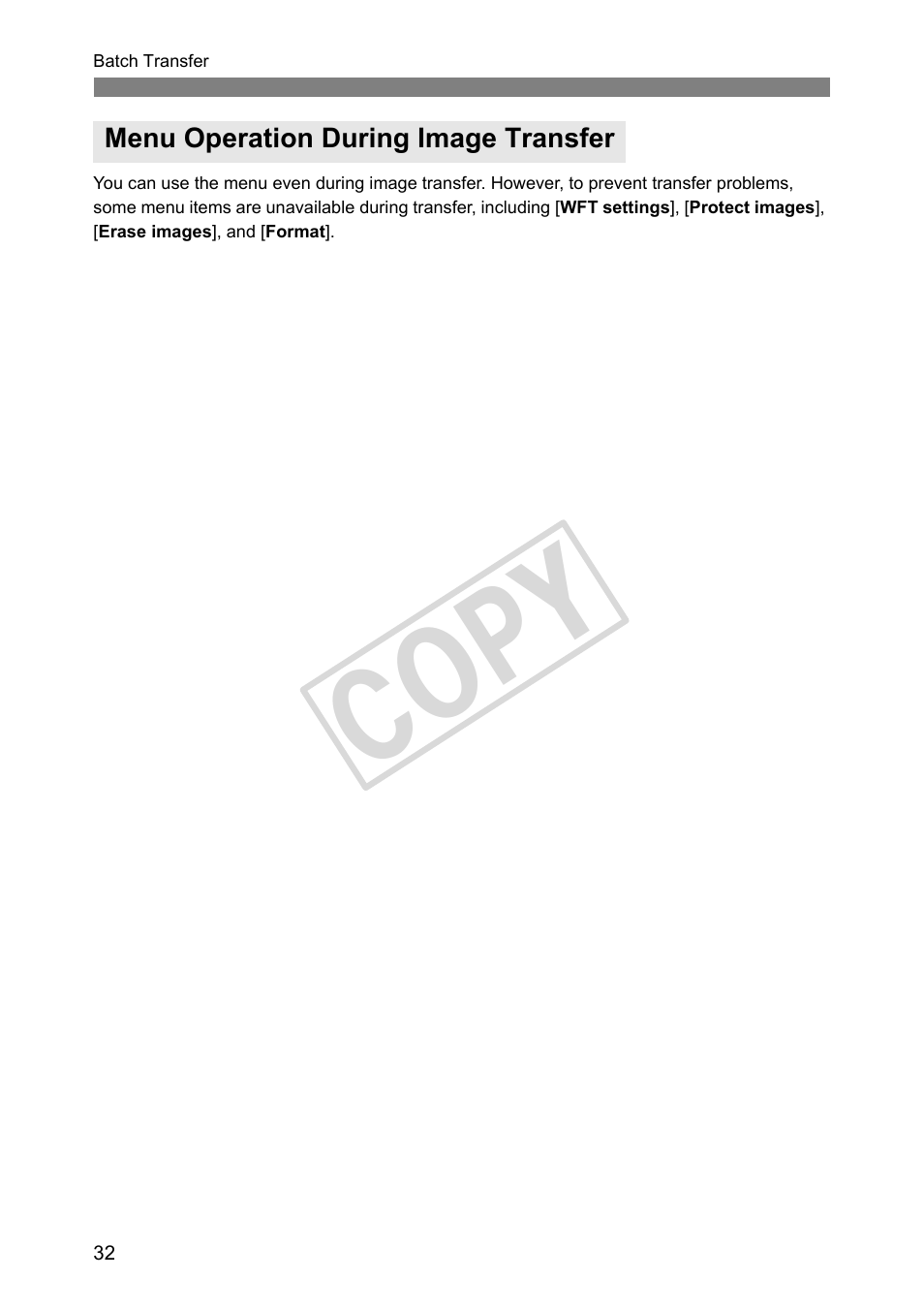 Menu operation during image transfer, Cop y | Canon Wireless File Transmitter WFT-E2 II A User Manual | Page 32 / 100