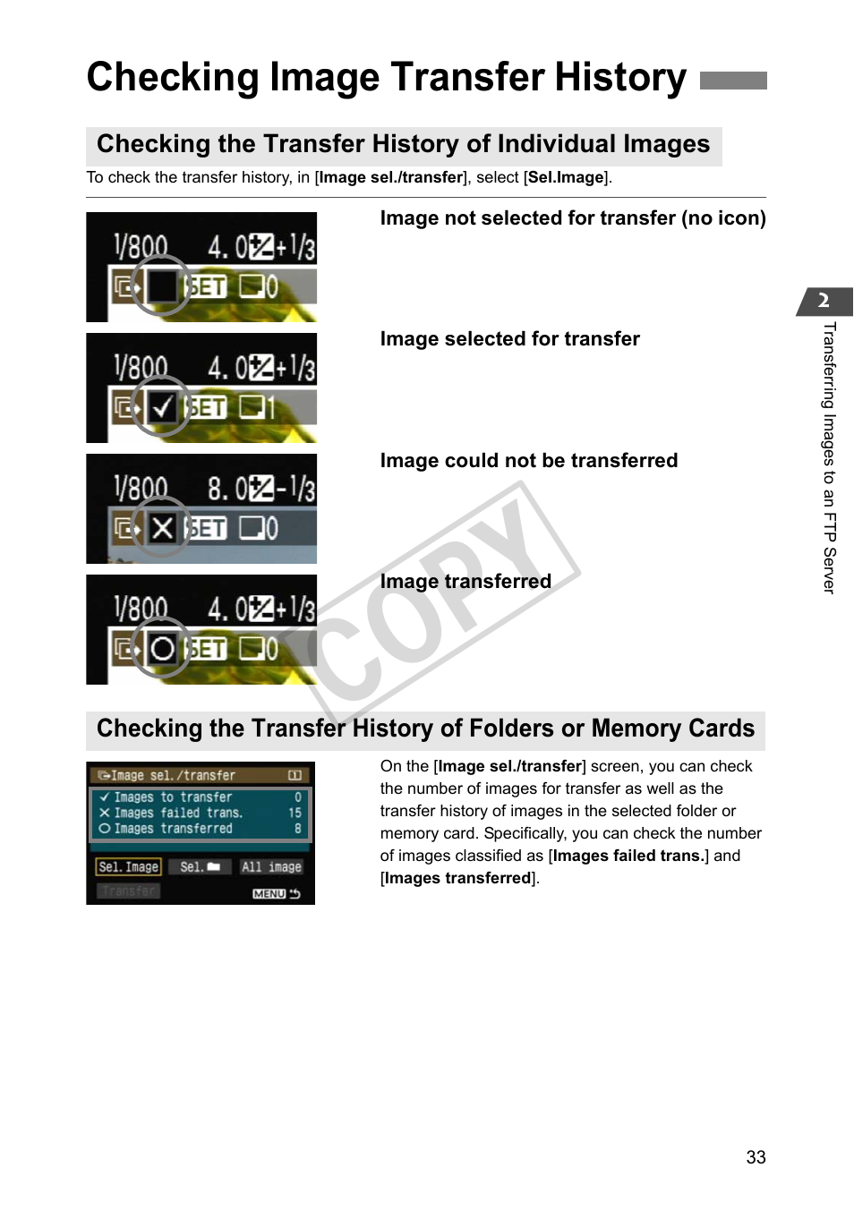 Checking image transfer history, Checking the transfer history of individual images, Cop y | Canon Wireless File Transmitter WFT-E2 II A User Manual | Page 33 / 100