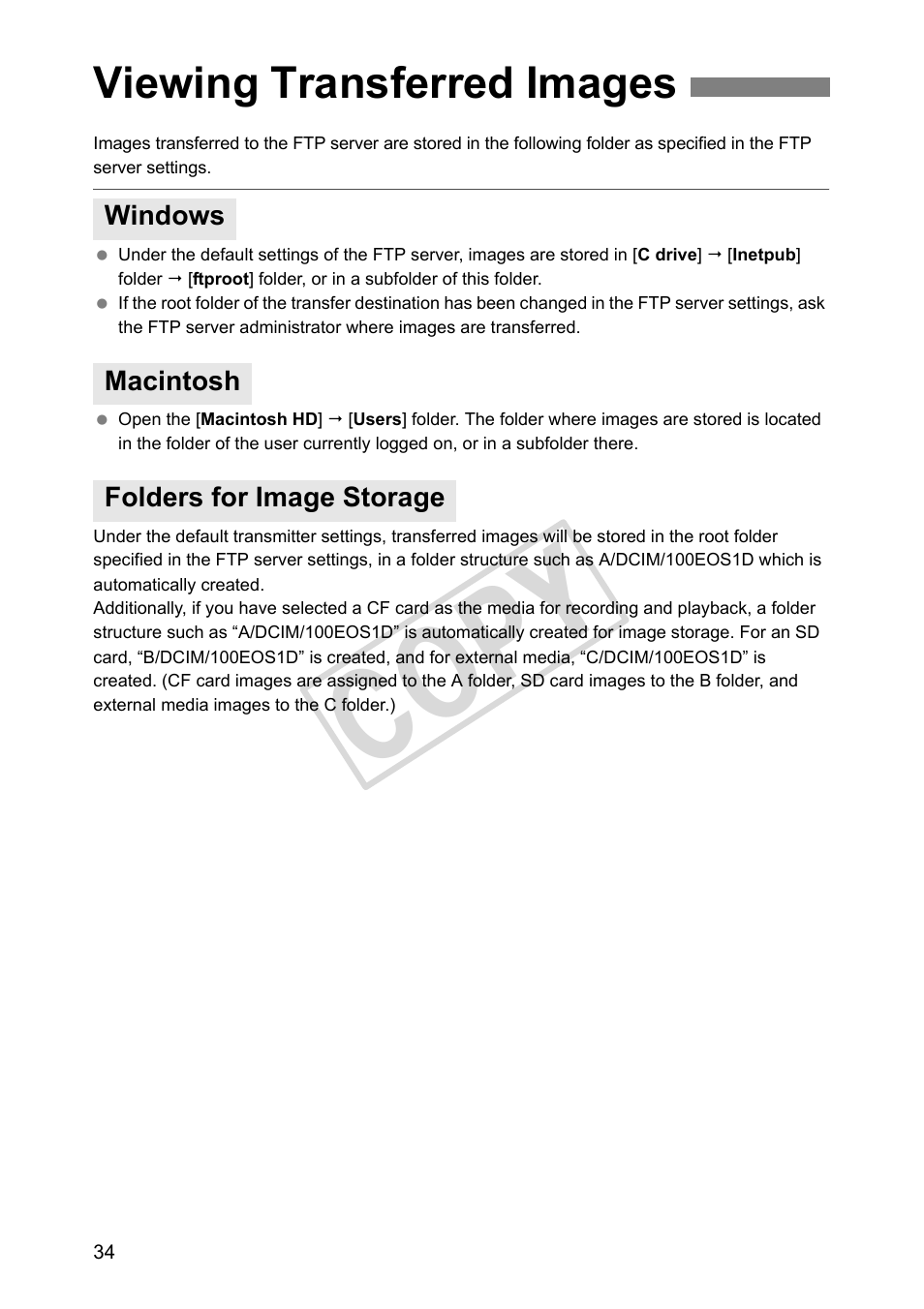 Viewing transferred images, Windows, Macintosh | Folders for image storage, Cop y | Canon Wireless File Transmitter WFT-E2 II A User Manual | Page 34 / 100