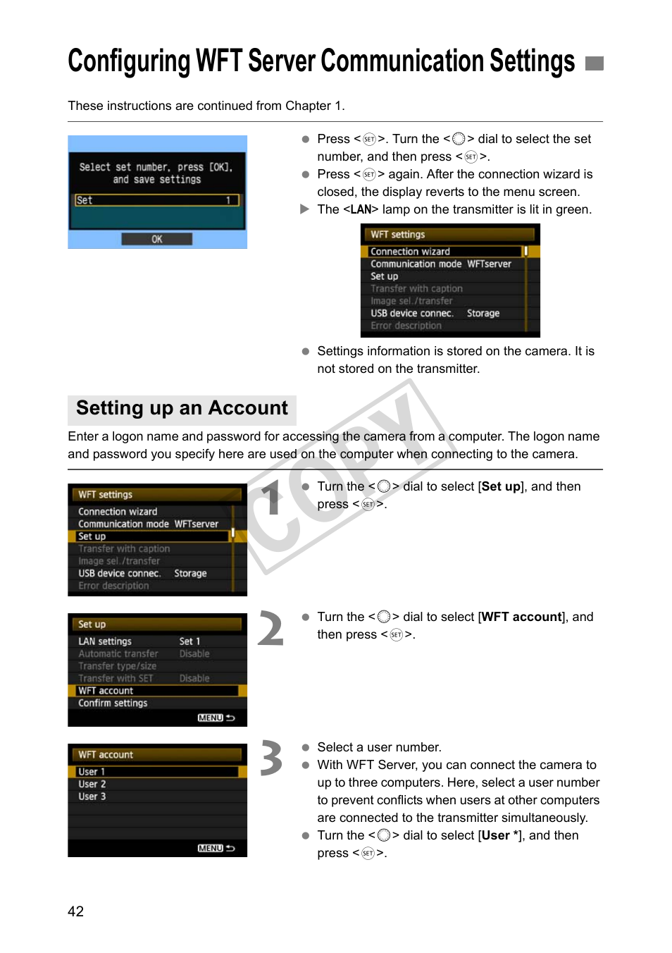 Configuring wft server communication settings, Setting up an account, Cop y | Canon Wireless File Transmitter WFT-E2 II A User Manual | Page 42 / 100