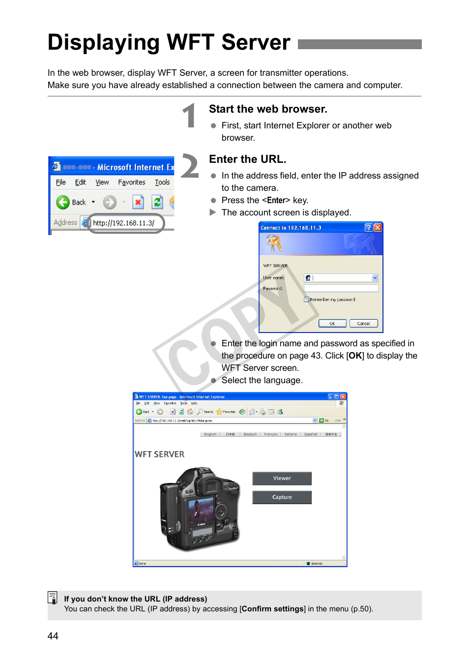 Displaying wft server, Cop y | Canon Wireless File Transmitter WFT-E2 II A User Manual | Page 44 / 100