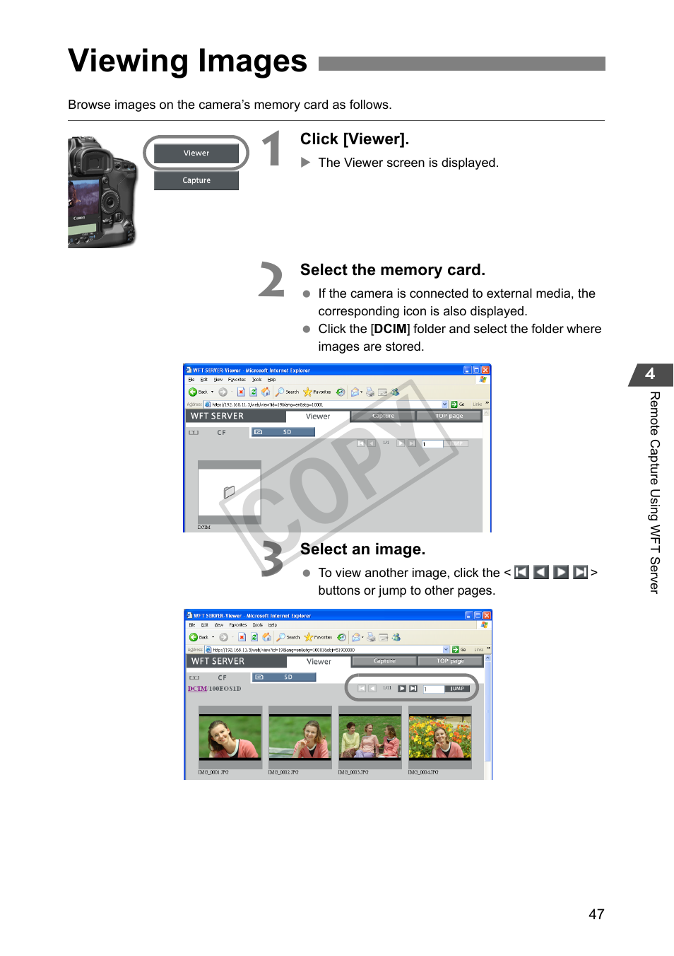 Viewing images, Cop y | Canon Wireless File Transmitter WFT-E2 II A User Manual | Page 47 / 100