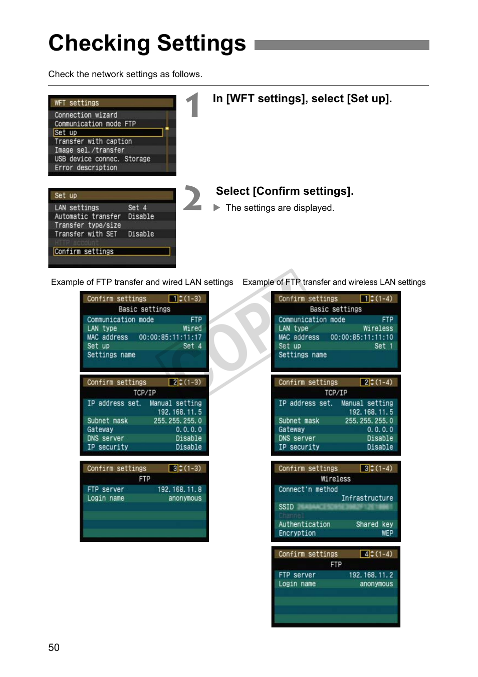 Checking settings, Cop y | Canon Wireless File Transmitter WFT-E2 II A User Manual | Page 50 / 100