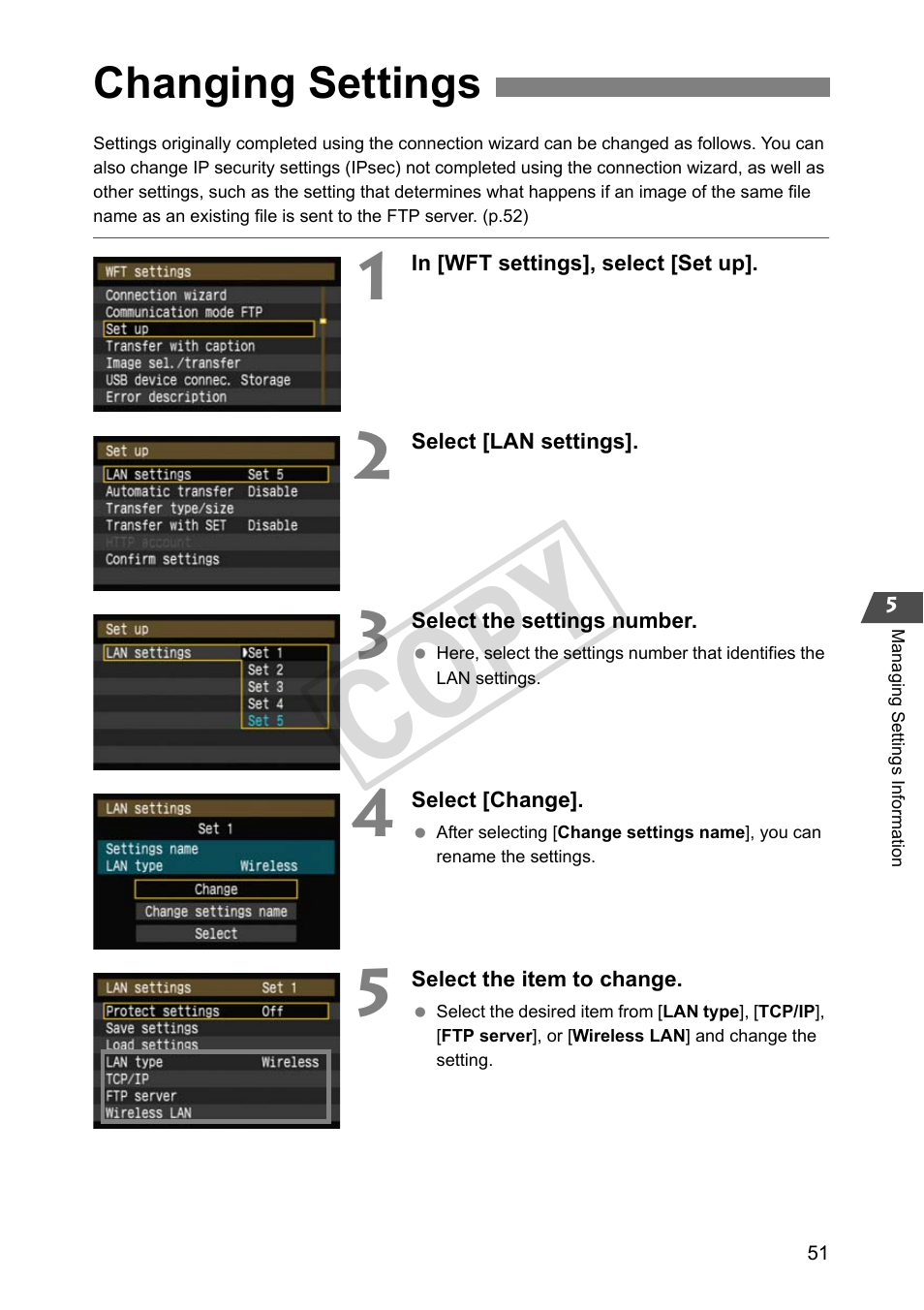 Changing settings, Cop y | Canon Wireless File Transmitter WFT-E2 II A User Manual | Page 51 / 100