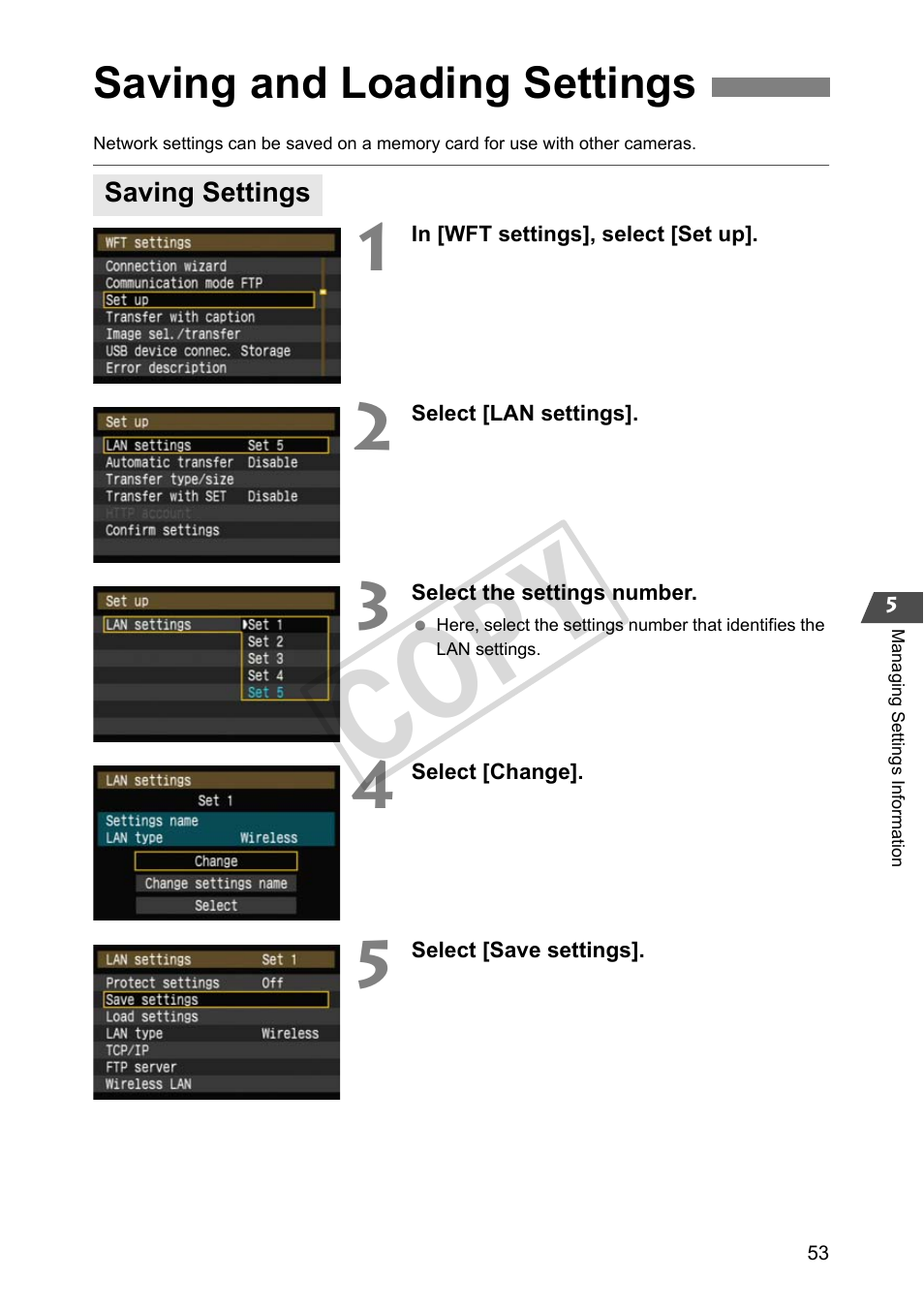 Saving and loading settings, Saving settings, Cop y | Canon Wireless File Transmitter WFT-E2 II A User Manual | Page 53 / 100