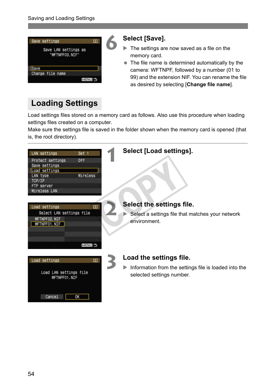 Loading settings, Cop y | Canon Wireless File Transmitter WFT-E2 II A User Manual | Page 54 / 100