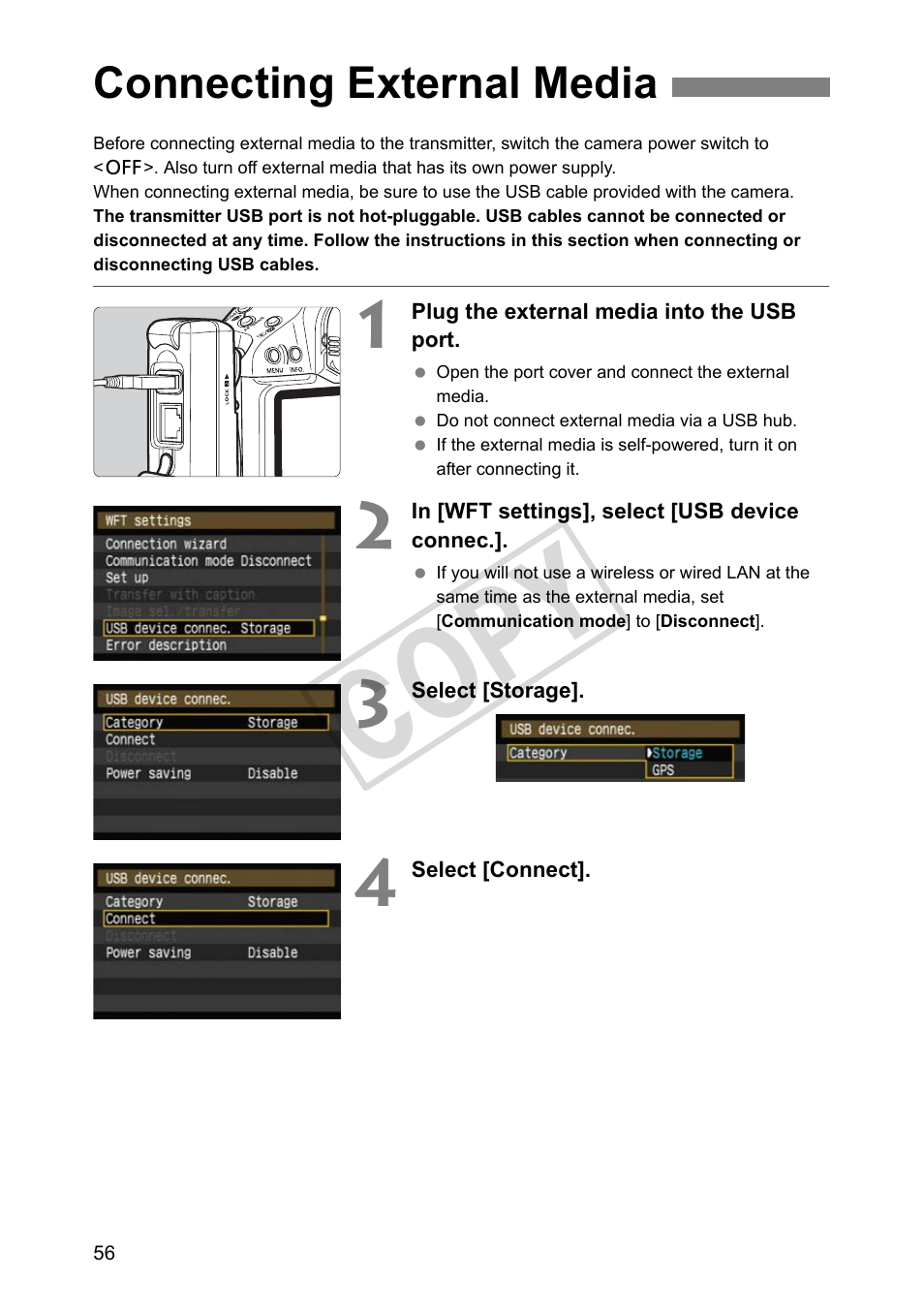 Connecting external media, Cop y | Canon Wireless File Transmitter WFT-E2 II A User Manual | Page 56 / 100
