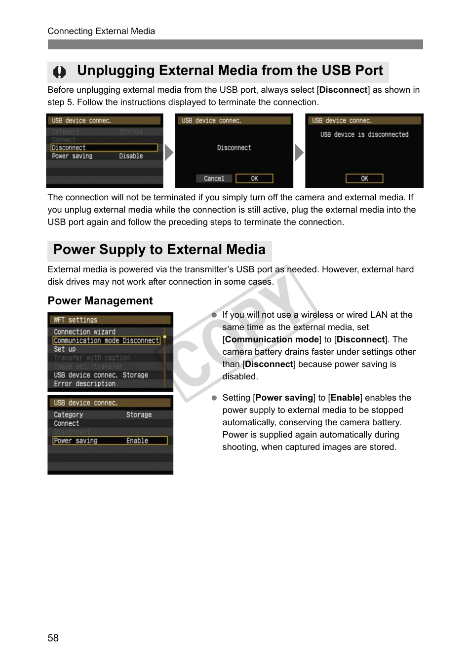 Unplugging external media from the usb port, Power supply to external media, Cop y | Canon Wireless File Transmitter WFT-E2 II A User Manual | Page 58 / 100