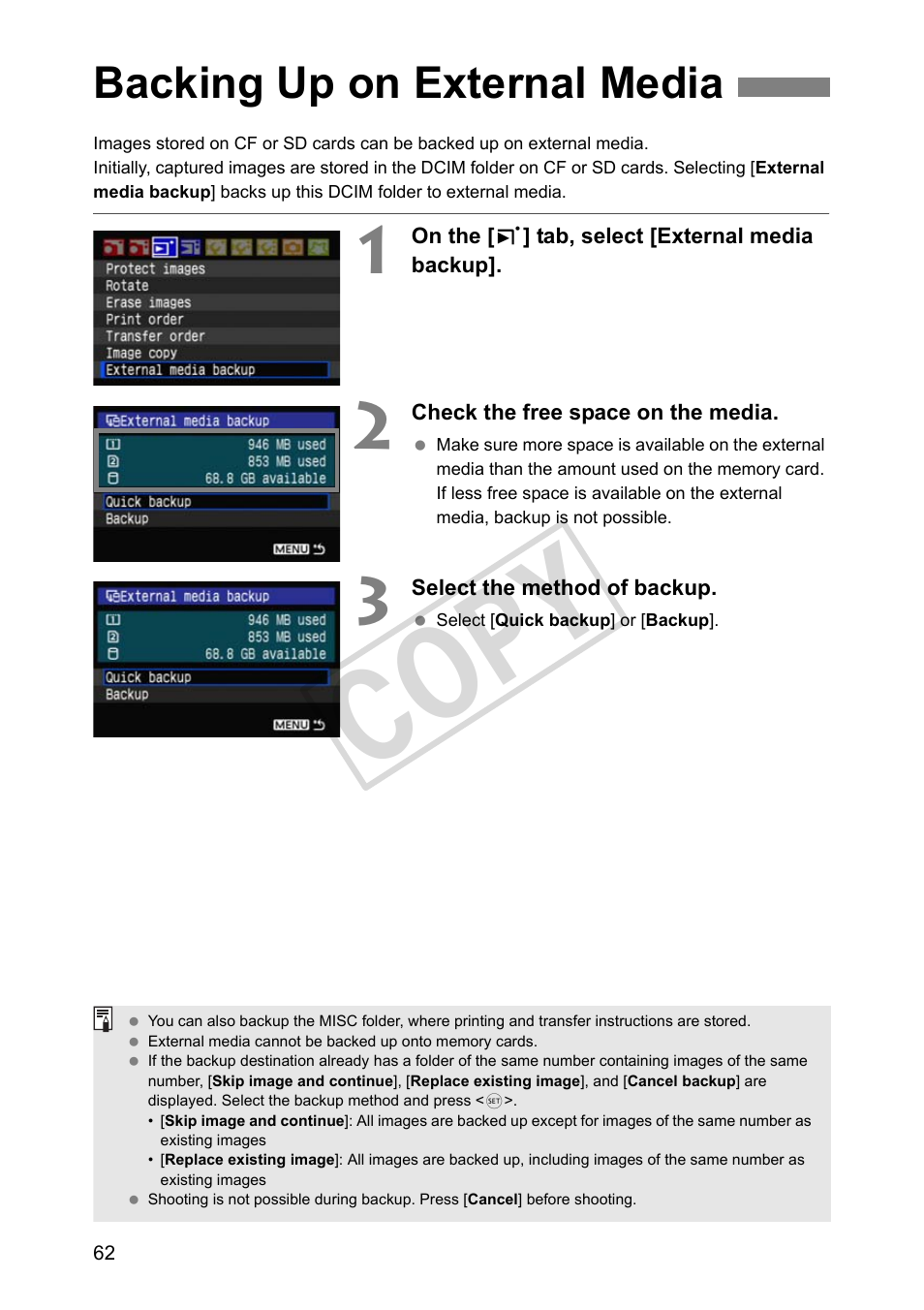 Backing up on external media, Cop y | Canon Wireless File Transmitter WFT-E2 II A User Manual | Page 62 / 100