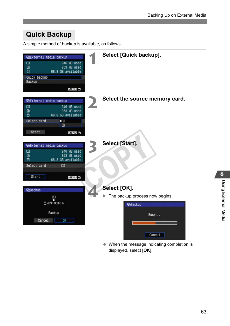 Quick backup, Cop y | Canon Wireless File Transmitter WFT-E2 II A User Manual | Page 63 / 100