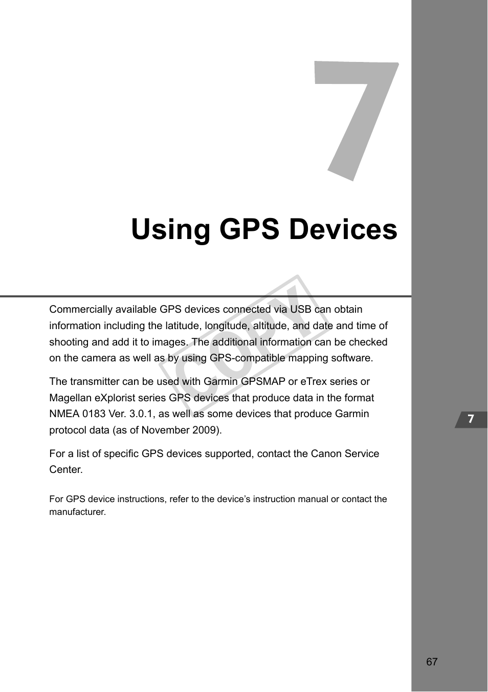 Using gps devices, Chapter 7, Cop y | Canon Wireless File Transmitter WFT-E2 II A User Manual | Page 67 / 100