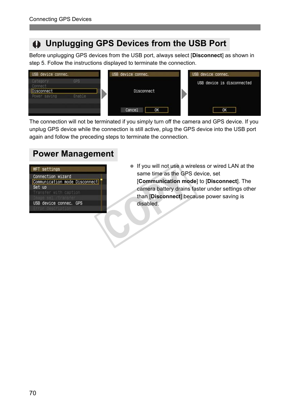 Unplugging gps devices from the usb port, Power management, Cop y | Canon Wireless File Transmitter WFT-E2 II A User Manual | Page 70 / 100