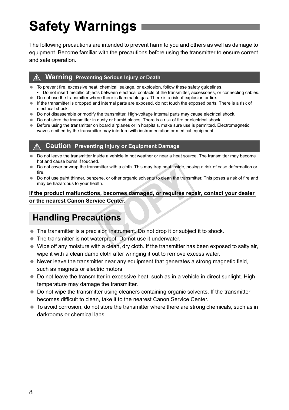 Safety warnings, Handling precautions, Cop y | Canon Wireless File Transmitter WFT-E2 II A User Manual | Page 8 / 100