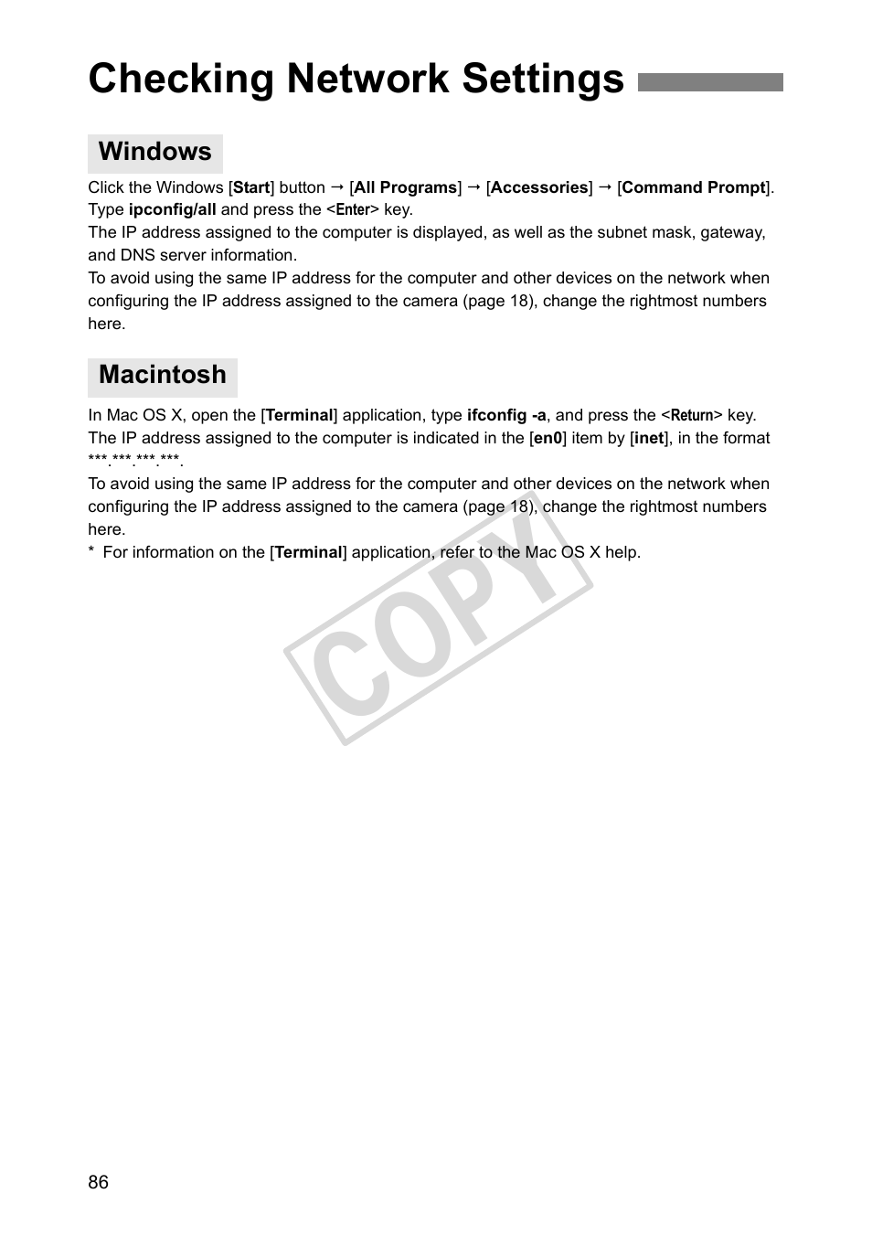 Checking network settings, Windows, Macintosh | Cop y | Canon Wireless File Transmitter WFT-E2 II A User Manual | Page 86 / 100