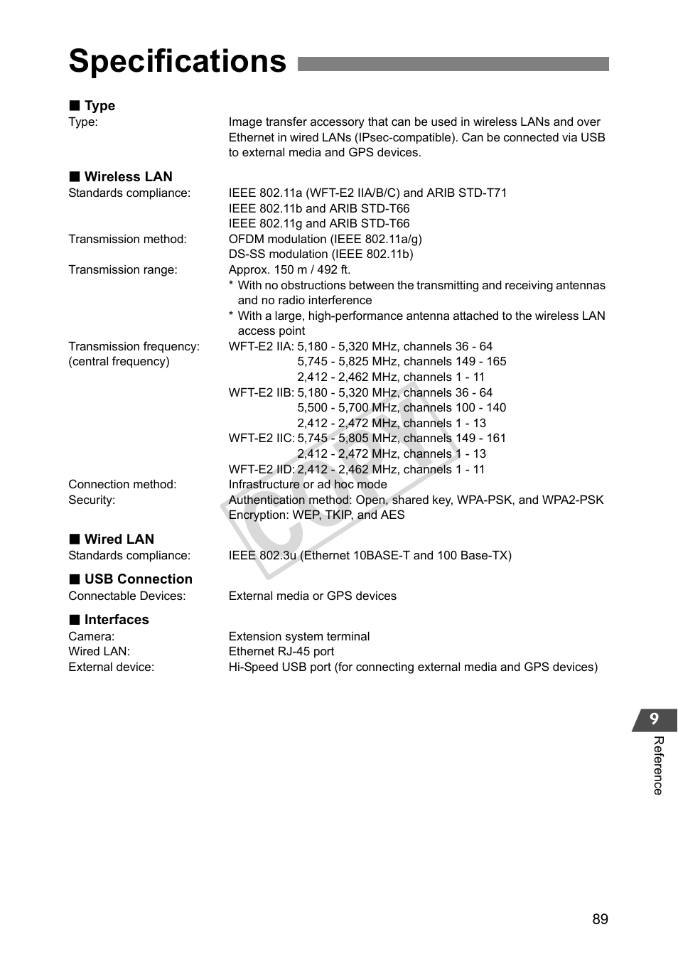 Specifications, Cop y | Canon Wireless File Transmitter WFT-E2 II A User Manual | Page 89 / 100