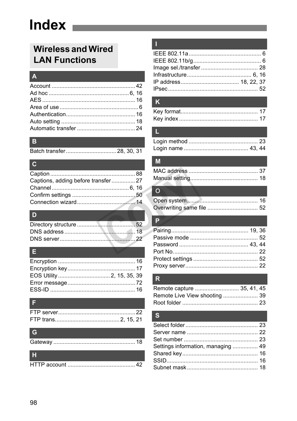 Index, C op y | Canon Wireless File Transmitter WFT-E2 II A User Manual | Page 98 / 100