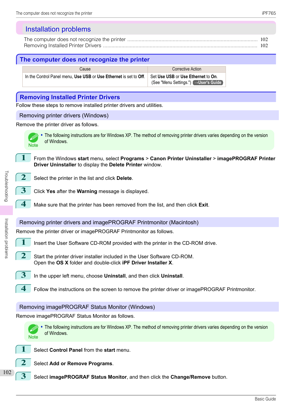 Installation problems, The computer does not recognize the printer, Removing installed printer drivers | Canon imagePROGRAF iPF765 User Manual | Page 102 / 132