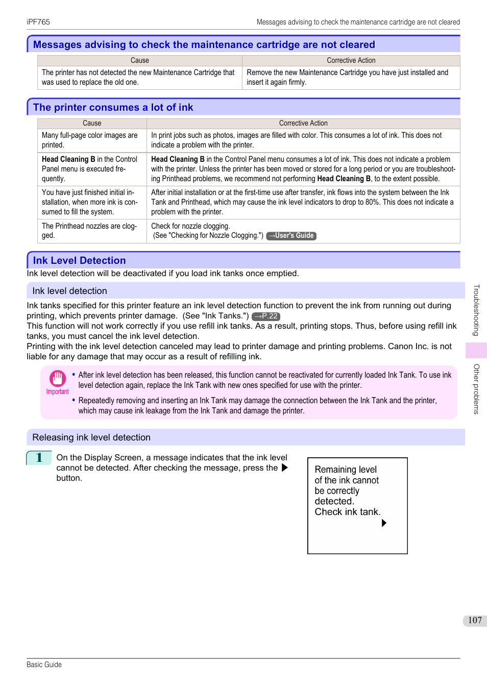 The printer consumes a lot of ink, Ink level detection | Canon imagePROGRAF iPF765 User Manual | Page 107 / 132
