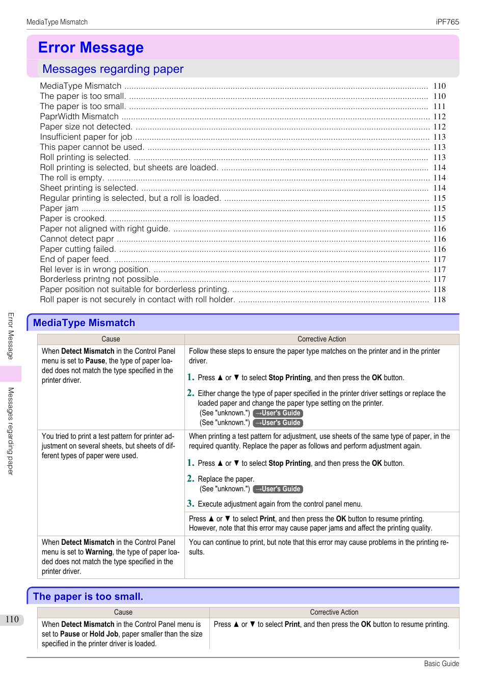 Error message, Messages regarding paper, Mediatype mismatch | The paper is too small | Canon imagePROGRAF iPF765 User Manual | Page 110 / 132
