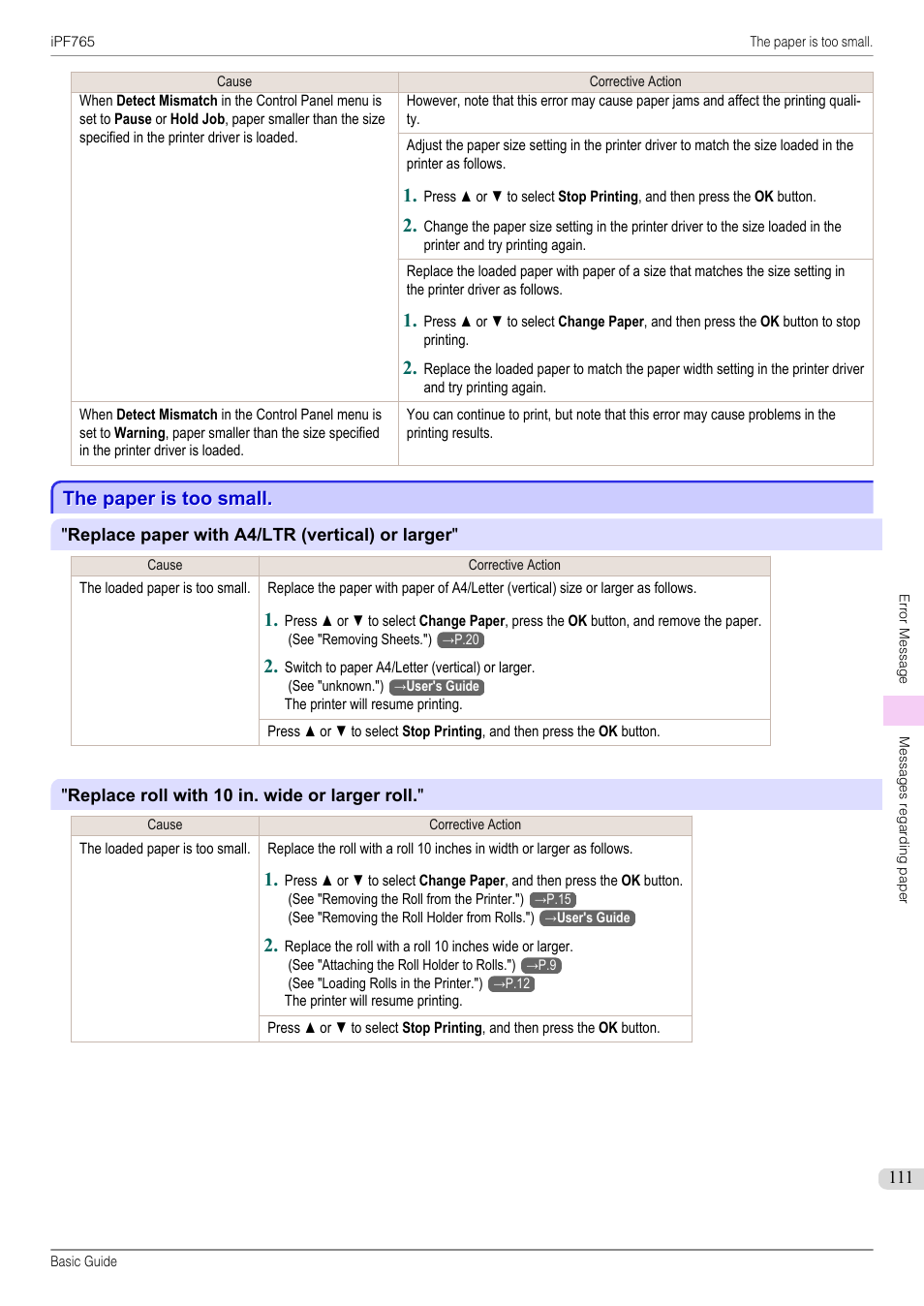 The paper is too small | Canon imagePROGRAF iPF765 User Manual | Page 111 / 132