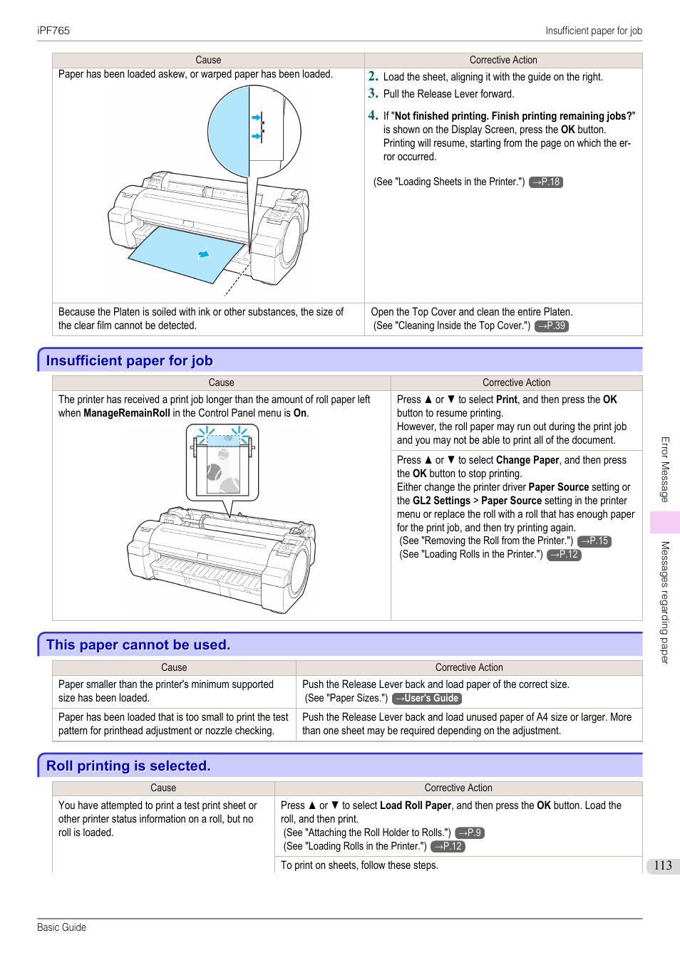 Insufficient paper for job, This paper cannot be used, Roll printing is selected | Canon imagePROGRAF iPF765 User Manual | Page 113 / 132