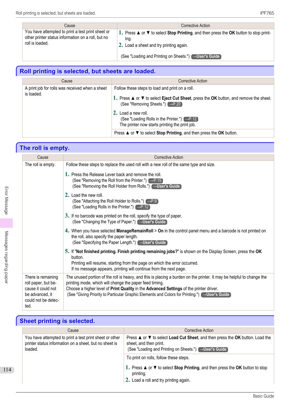 Roll printing is selected, but sheets are loaded, The roll is empty, Sheet printing is selected | Canon imagePROGRAF iPF765 User Manual | Page 114 / 132