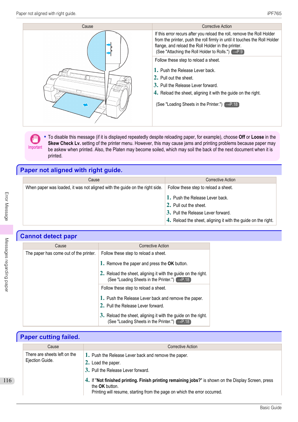 Paper not aligned with right guide, Cannot detect papr, Paper cutting failed | Canon imagePROGRAF iPF765 User Manual | Page 116 / 132