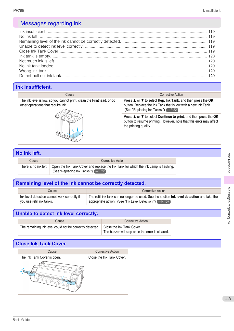 Messages regarding ink, Ink insufficient, No ink left | Unable to detect ink level correctly, Close ink tank cover | Canon imagePROGRAF iPF765 User Manual | Page 119 / 132