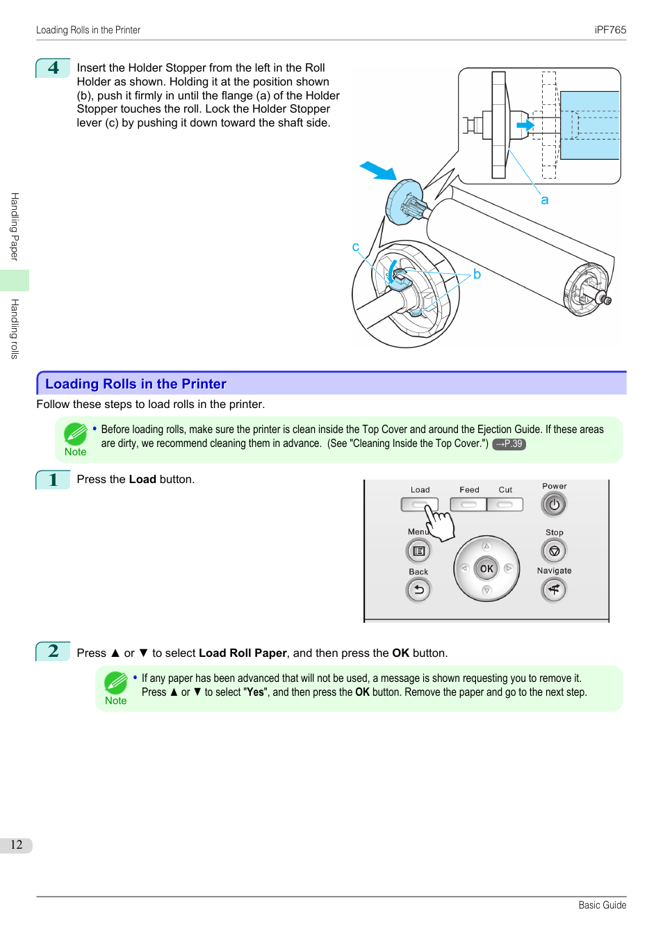 Loading rolls in the printer | Canon imagePROGRAF iPF765 User Manual | Page 12 / 132