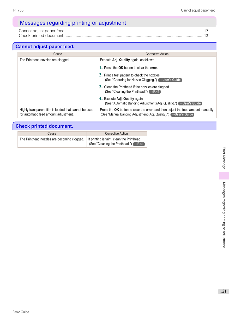 Messages regarding printing or adjustment, Cannot adjust paper feed, Check printed document | Canon imagePROGRAF iPF765 User Manual | Page 121 / 132