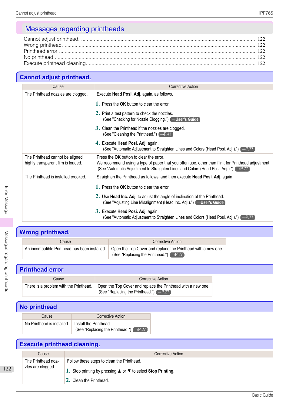 Messages regarding printheads, Cannot adjust printhead, Wrong printhead | Printhead error, No printhead, Execute printhead cleaning | Canon imagePROGRAF iPF765 User Manual | Page 122 / 132