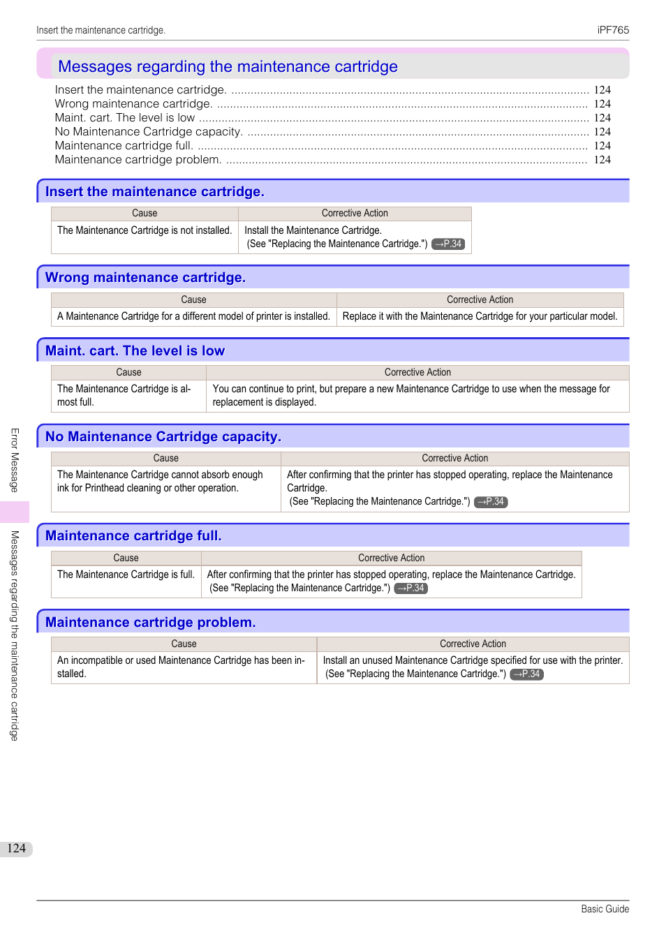 Messages regarding the maintenance cartridge, Insert the maintenance cartridge, Wrong maintenance cartridge | Maint. cart. the level is low, No maintenance cartridge capacity, Maintenance cartridge full, Maintenance cartridge problem | Canon imagePROGRAF iPF765 User Manual | Page 124 / 132