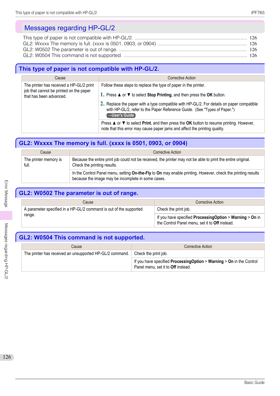 Messages regarding hp-gl/2, This type of paper is not compatible with hp-gl/2, Gl2: w0502 the parameter is out of range | Gl2: w0504 this command is not supported | Canon imagePROGRAF iPF765 User Manual | Page 126 / 132